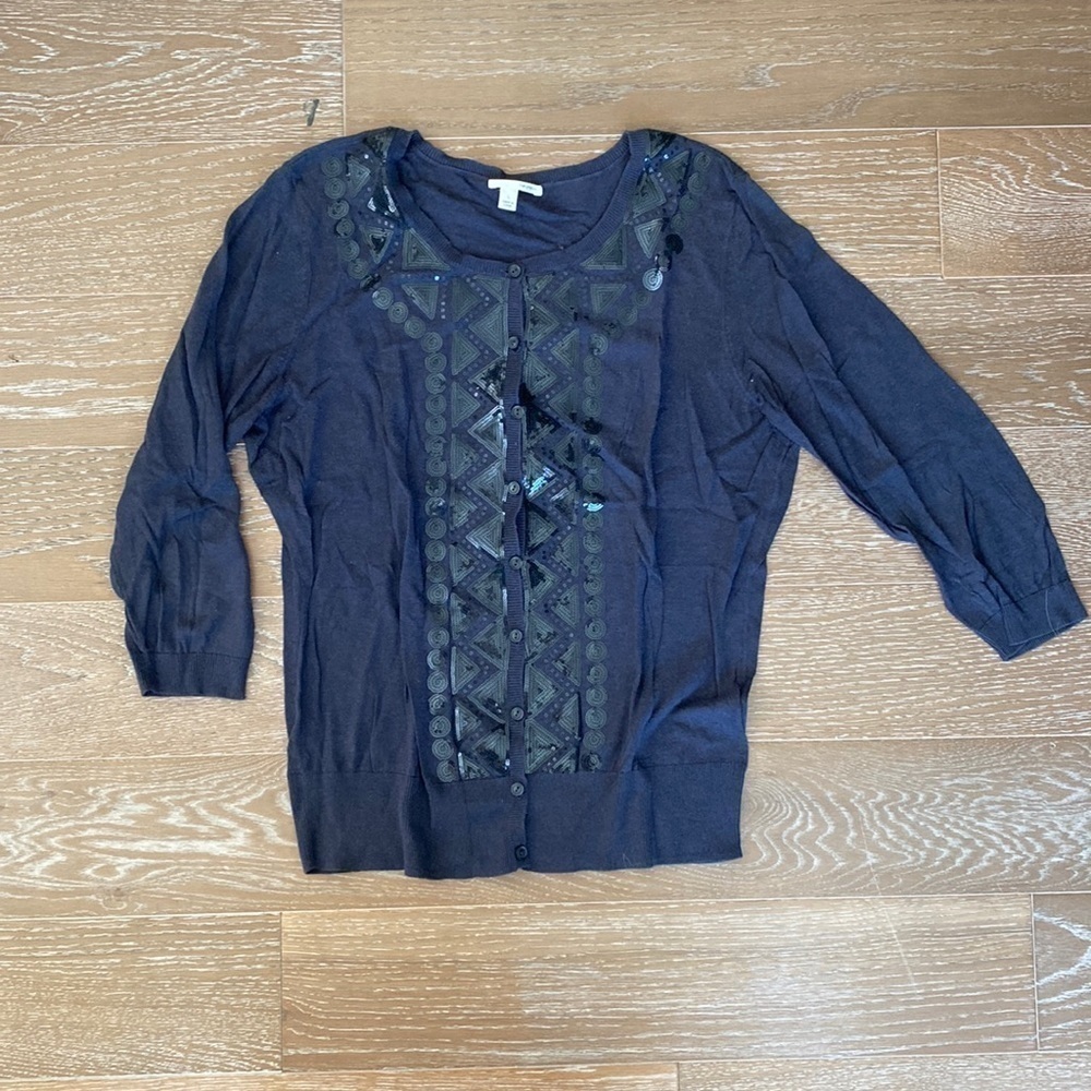 Halogen 3/4 Sequin Cardigan Sweater | Blue | L